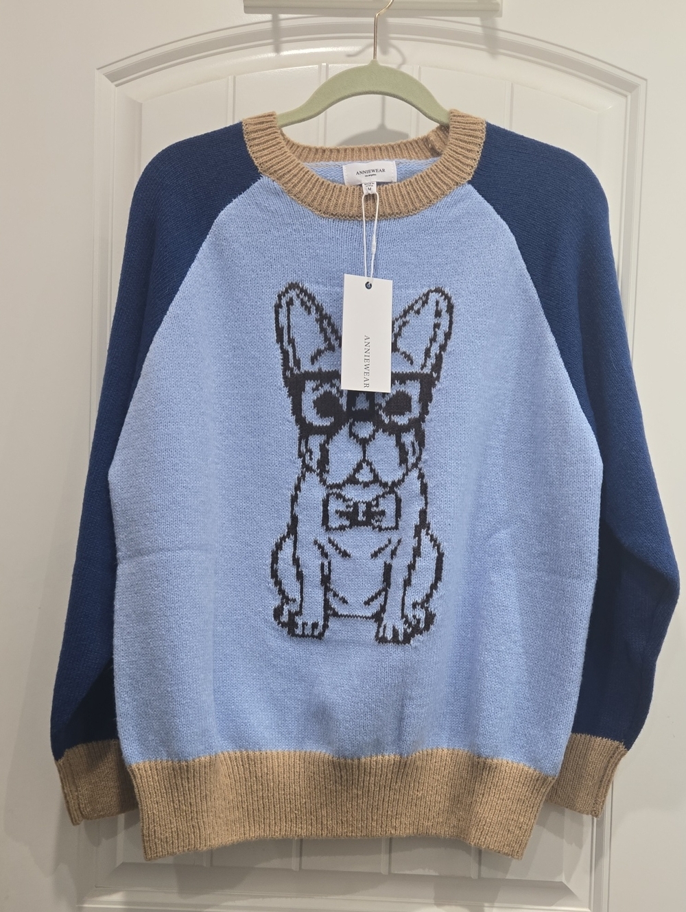 Annie Light Blue & Navy Crewneck Sweater with Dog Motif